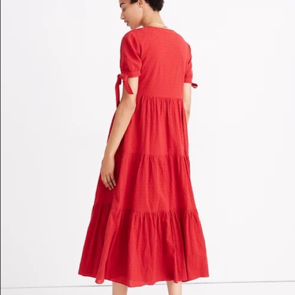 Madewell Red Tiered Midi Dress with Tie Sleeves - Picture 2 of 11